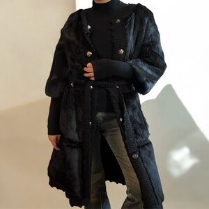 Luxe Rabbit Fur Coat with waist tie and gold buttons